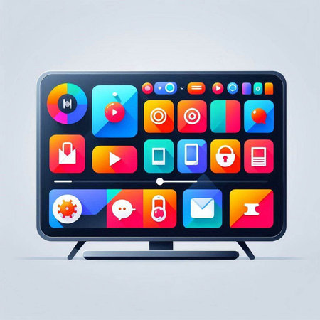 Illustration of a modern computer monitor with apps and media icons.のイラスト素材