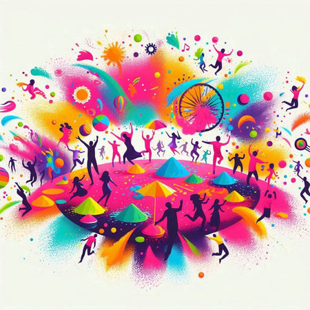 abstract background with silhouettes of dancing people and colorful splashesのイラスト素材