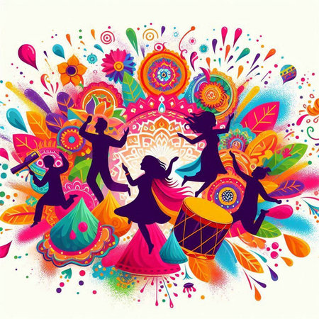 Happy Holi festival of India greeting card with dancing people, vector illustrationのイラスト素材