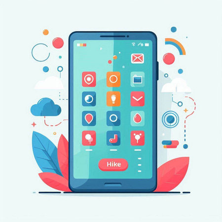 Smartphone with application icons on screen. Vector illustration in flat styleのイラスト素材