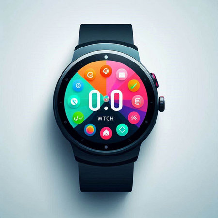 Smart watch with colorful application icons on the screen. Vector illustration.のイラスト素材