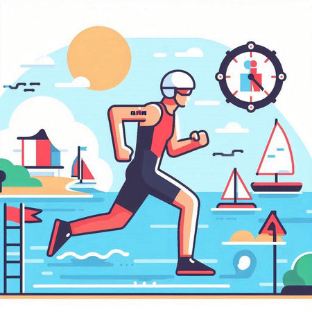 Marathon runner running on the beach. Vector illustration in flat styleのイラスト素材