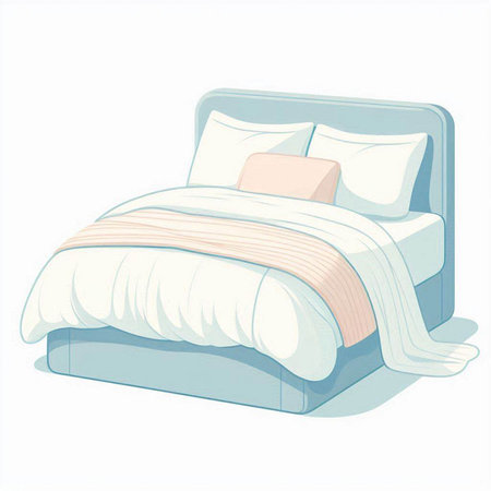 Illustration of a single bed with pillows on a white backgroundのイラスト素材
