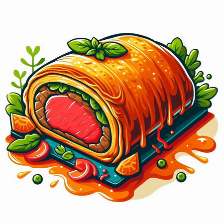 Illustration of a salmon roll with tomato sauce on a white backgroundのイラスト素材
