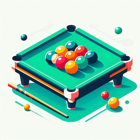 Isometric billiard table with balls and cue. Vector illustration.のイラスト素材