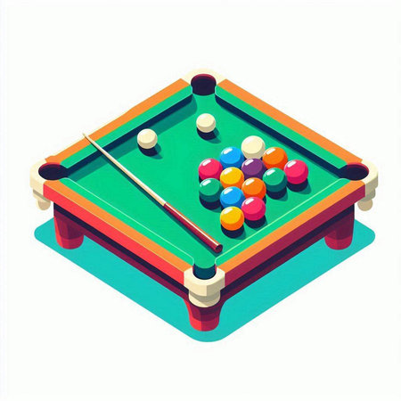 Isometric billiard table with balls and cue. Vector illustration.のイラスト素材