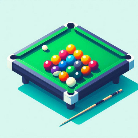 Billiard table with balls and cue. Vector illustration in isometric style.のイラスト素材