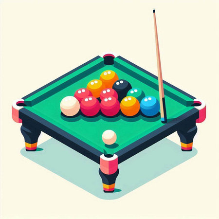 Billiard table with balls and cue. Isometric vector illustration.のイラスト素材