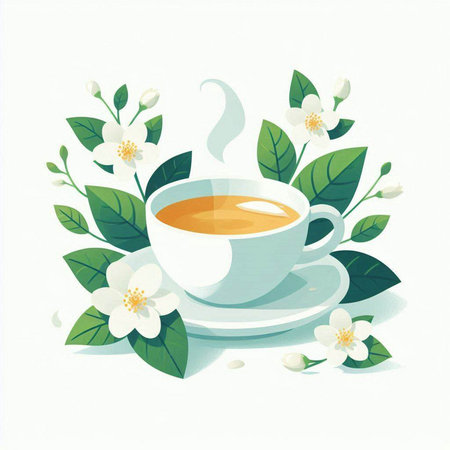 Cup of tea with jasmine flowers and leaves. Vector illustration.のイラスト素材