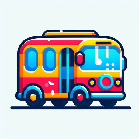 Colorful vector illustration of a bus on a light blue background.のイラスト素材