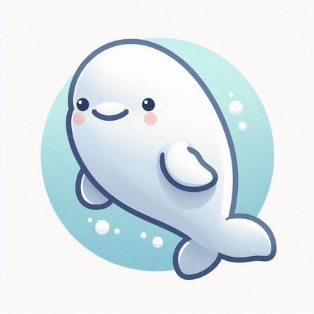 Illustration of a cute cartoon white whale in a blue circle.のイラスト素材