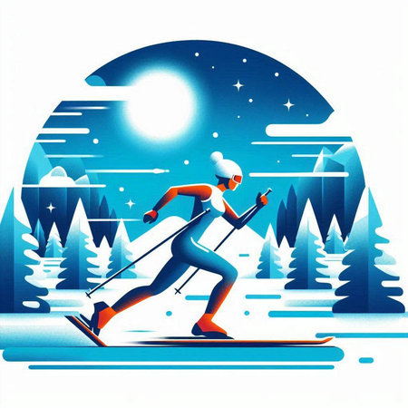 Skiing on a snowy mountain in the winter. Vector illustration.のイラスト素材