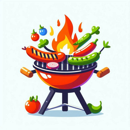 Barbecue grill with sausages and vegetables. Vector illustration.のイラスト素材
