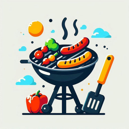 Barbecue grill with sausages and vegetables. Vector illustration.のイラスト素材
