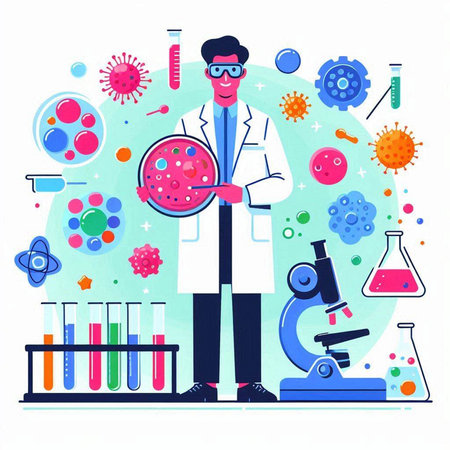 Scientist in lab coat and glasses holding test tube with virus and microscope. Vector flat illustrationのイラスト素材