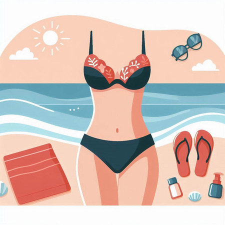Vector illustration of a woman in bikini on the beach. Vector illustration.のイラスト素材