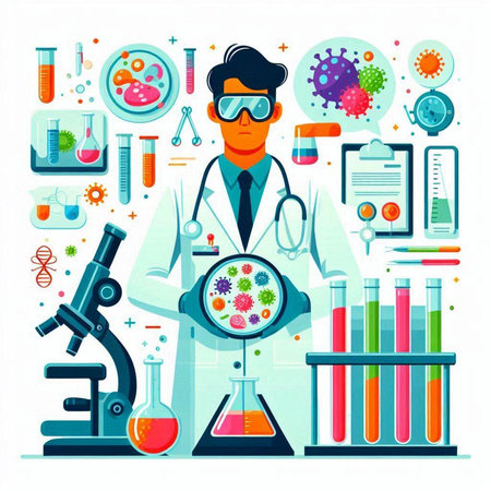 Scientist in lab coat and stethoscope working with microscope and test tube. Vector illustrationのイラスト素材