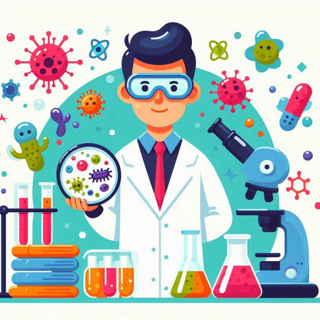 Scientist working in laboratory. Vector illustration in flat cartoon style.のイラスト素材