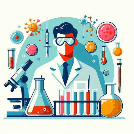 Vector illustration of a scientist in a laboratory. Flat style design.のイラスト素材
