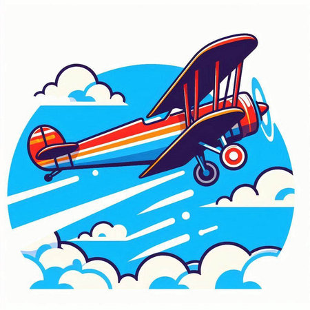 Vector illustration of a retro airplane flying in the blue sky with cloudsのイラスト素材
