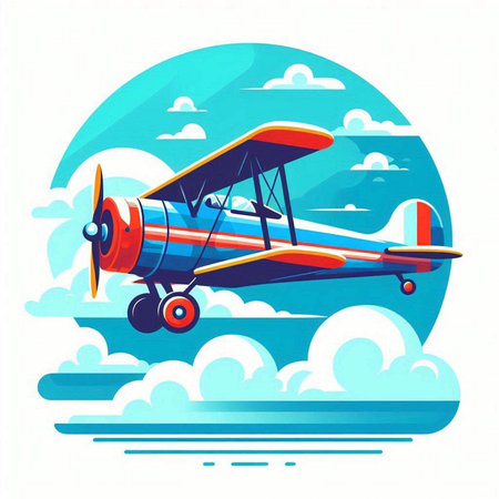 Retro biplane in the sky. Cartoon style. Vector illustration.のイラスト素材