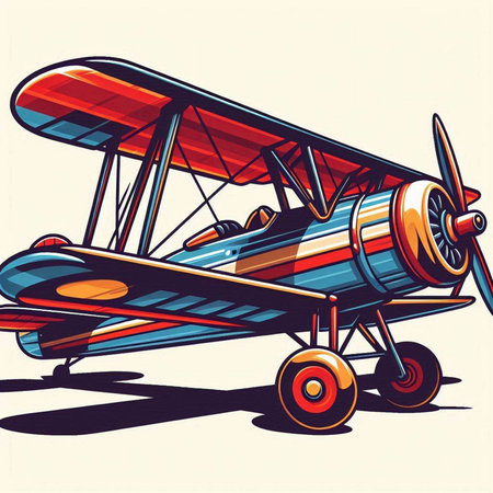 Vintage biplane in retro style. Colored vector illustration.のイラスト素材