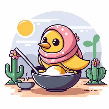 Illustration of Cute Chick in a Bowl of Salt and Cactusのイラスト素材
