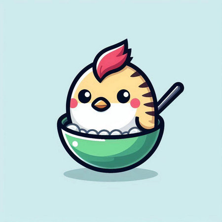 Cute chicken eating rice in bowl. Cute cartoon character illustrationのイラスト素材