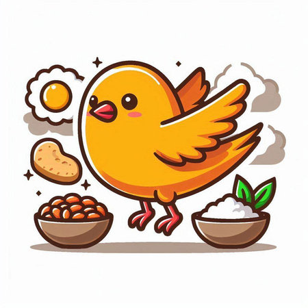 Cute cartoon chicken with eggs and beans on white background. Vector illustration.のイラスト素材