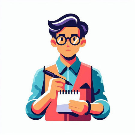Young man making notes in notepad. Vector illustration in flat styleのイラスト素材