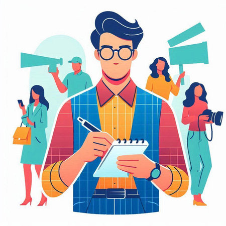 Photographer taking pictures of young people. Flat style vector illustration.のイラスト素材