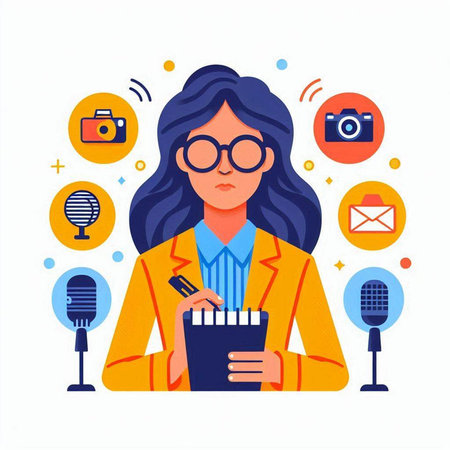 Female journalist with microphone and notes. Vector illustration in flat style.のイラスト素材