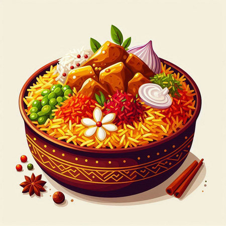 Rice with meat and vegetables in a bowl. Vector illustration.のイラスト素材