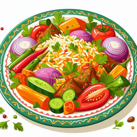 Vegetable salad in a plate on a white background. Vector illustration.のイラスト素材