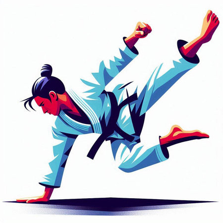 Karate girl. Vector illustration of a karate girl in a jump.のイラスト素材
