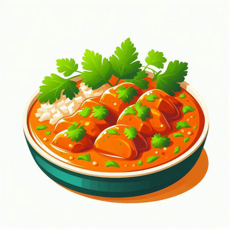 Illustration of a bowl of chicken curry garnished with parsleyのイラスト素材