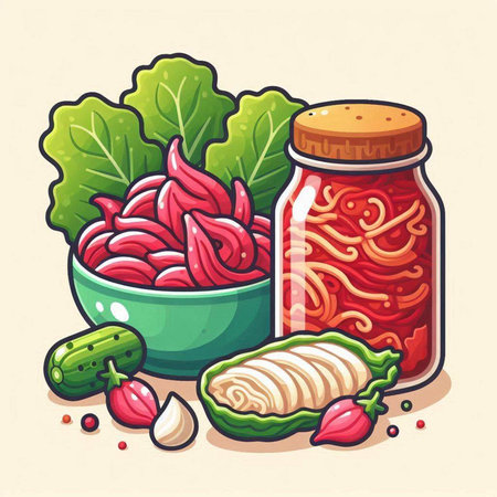 Vector illustration of a jar of ketchup with ingredients for cooking.のイラスト素材