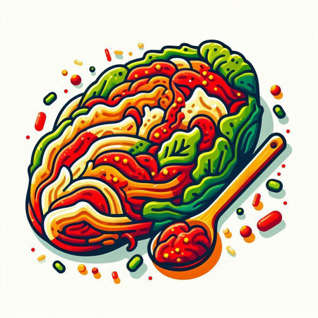 Illustration of a brain with a spoon full of red tomato sauceのイラスト素材