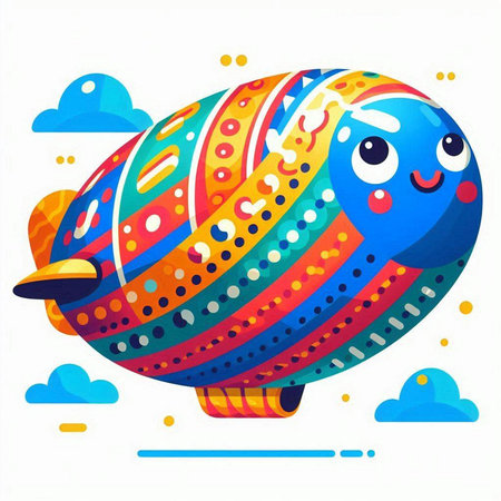 Vector illustration of funny cartoon airship in blue and orange colors.のイラスト素材