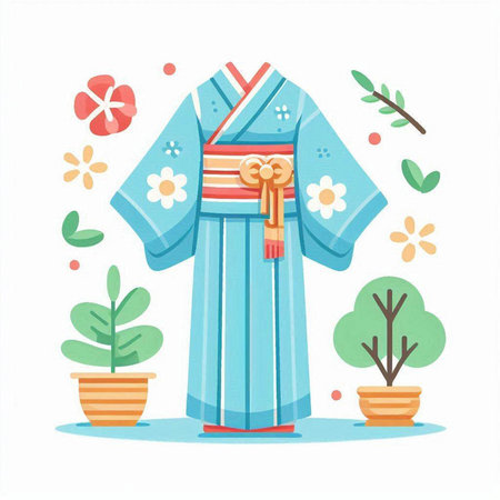 Japanese traditional costume, yukata. Vector illustration in cartoon style.のイラスト素材