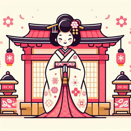 Japanese woman in traditional costume with kimono. Vector illustration.のイラスト素材