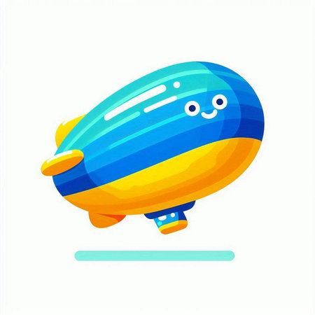 Cartoon airship with blue and yellow stripes. Vector illustration.のイラスト素材