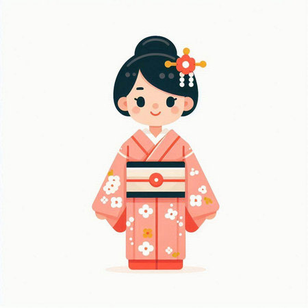 Cute kokeshi girl in kimono. Vector illustration.のイラスト素材