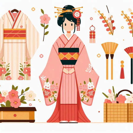 Japanese girl in kimono. Vector illustration of Japanese woman in traditional clothes.のイラスト素材