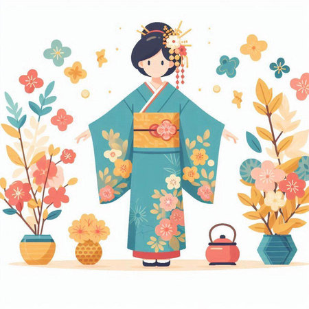 Japanese girl in a kimono with flowers. Vector illustration.のイラスト素材