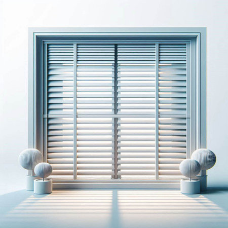 Window with blinds on a white wall. 3D rendering.のイラスト素材