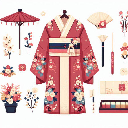 Japanese kimono set. Traditional japanese clothing. Vector illustration.のイラスト素材
