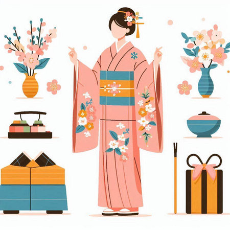 Japanese woman in a kimono with sakura flowers. Vector illustrationのイラスト素材