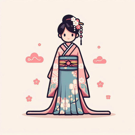 Japanese girl in kimono. Vector illustration in cartoon style.のイラスト素材