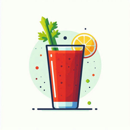 Glass of tomato juice with celery and lemon. Flat vector illustration.のイラスト素材